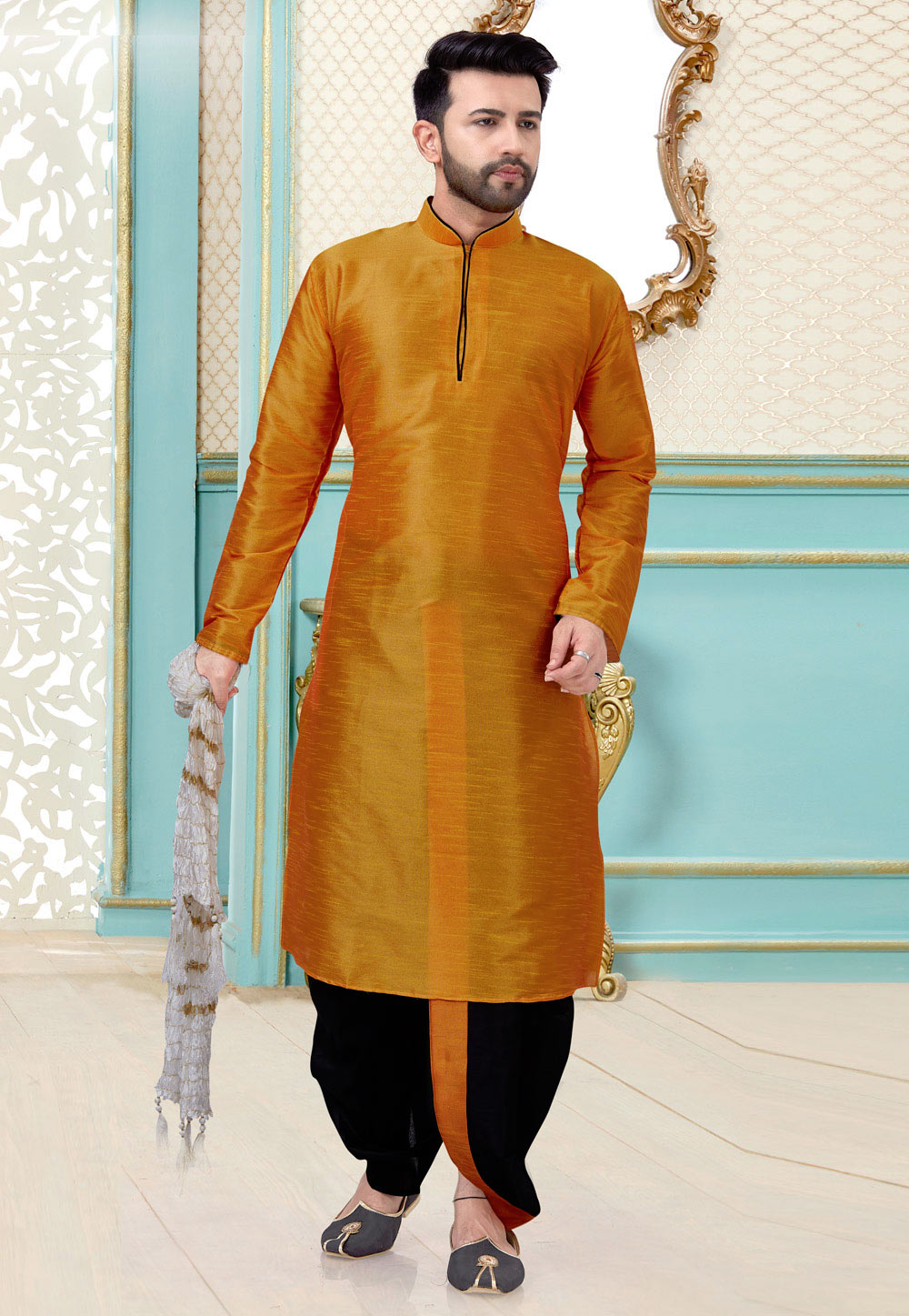 Orange Dupion Silk Dhoti Kurta 216091
