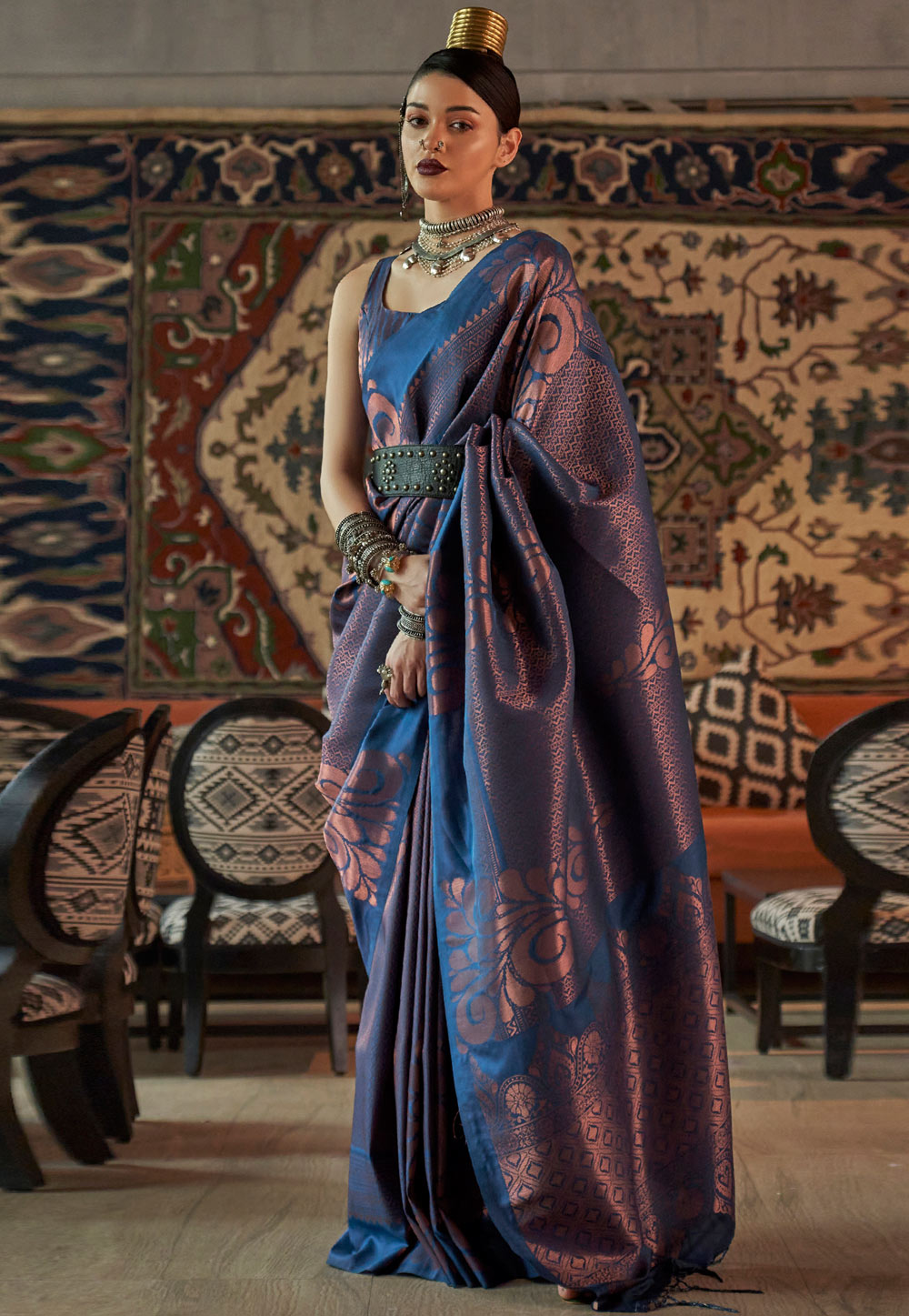 Navy Blue Silk Saree With Blouse 255928