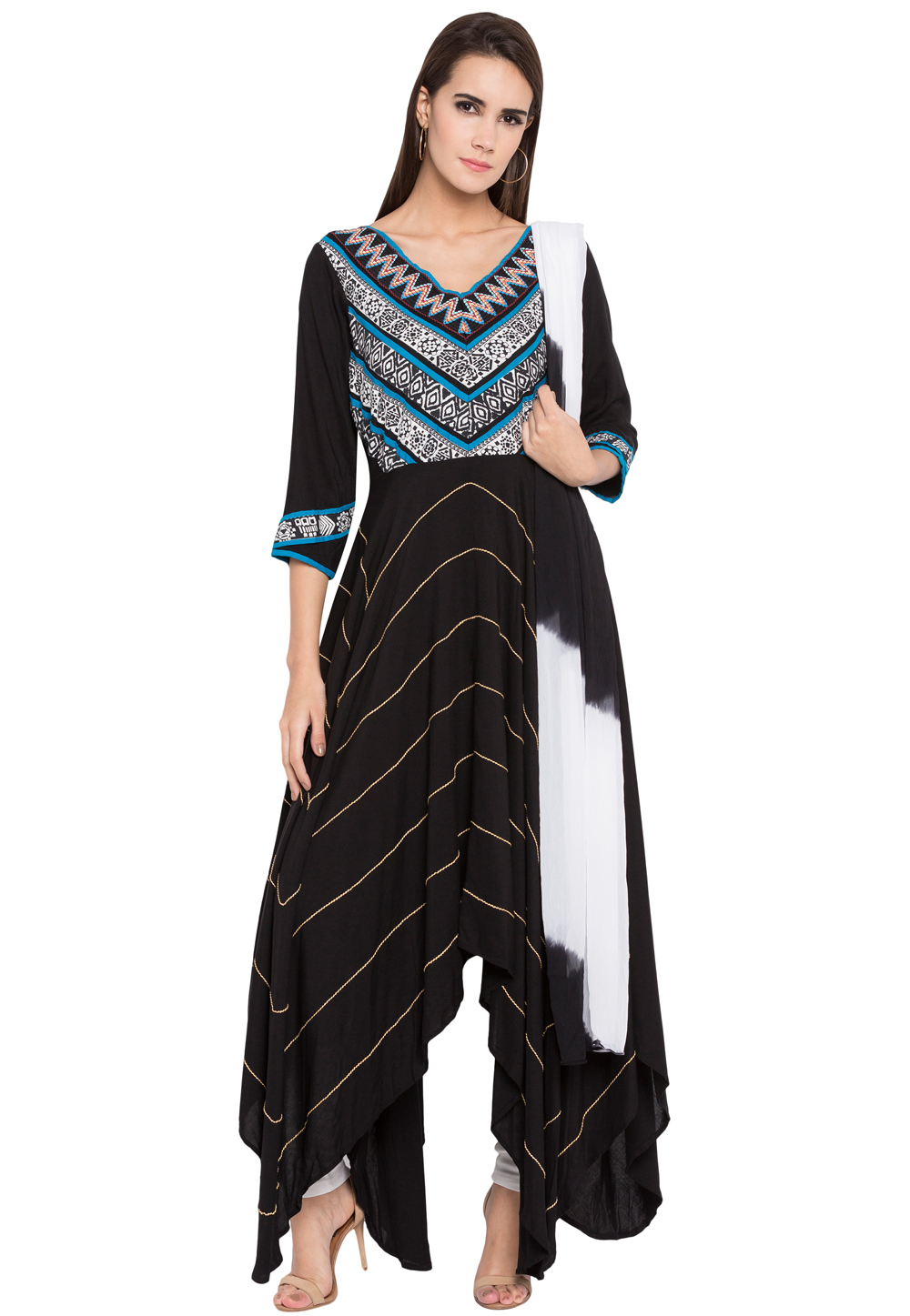 Black Cotton Readymade Asymmetrical Suit 238546
