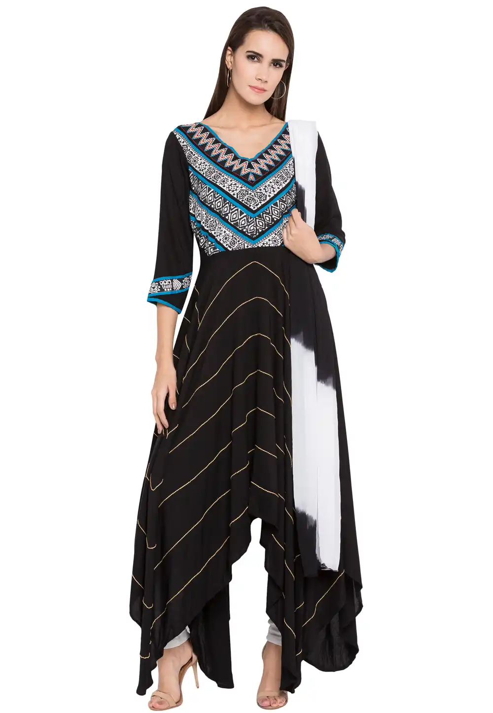 Black Cotton Readymade Asymmetrical Suit 238546