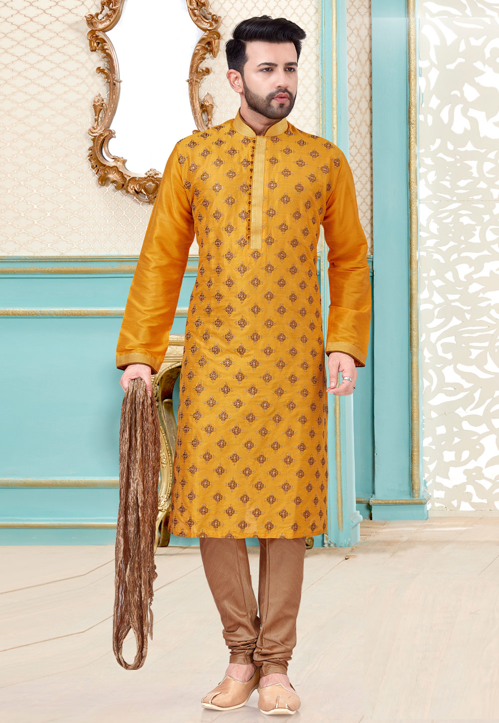 Yellow Dupion Silk Kurta Pajama 216096