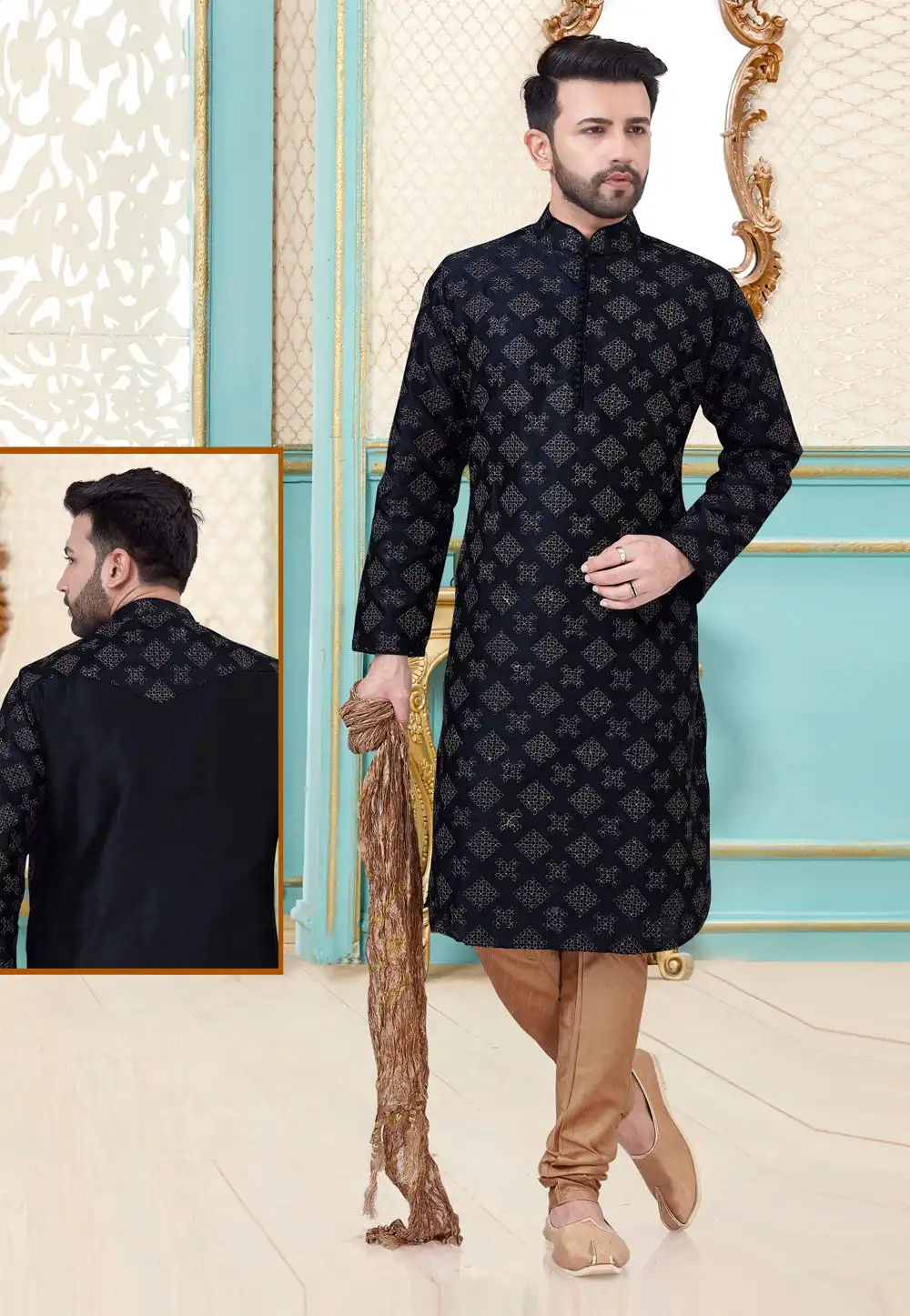 Black Dupion Silk Lakhnavi Kurta Pajama 244043