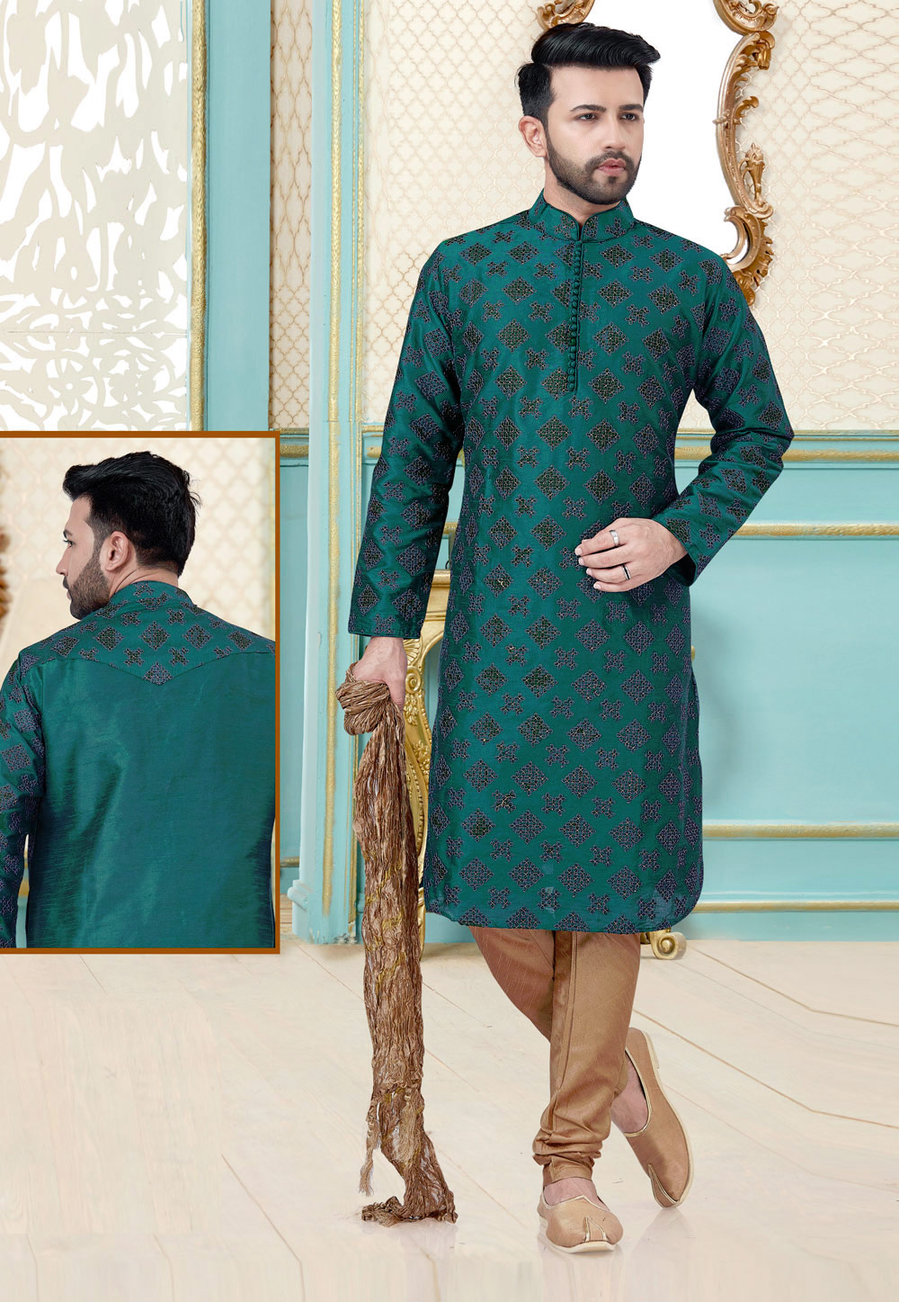 Green Dupion Silk Lakhnavi Kurta Pajama 244044
