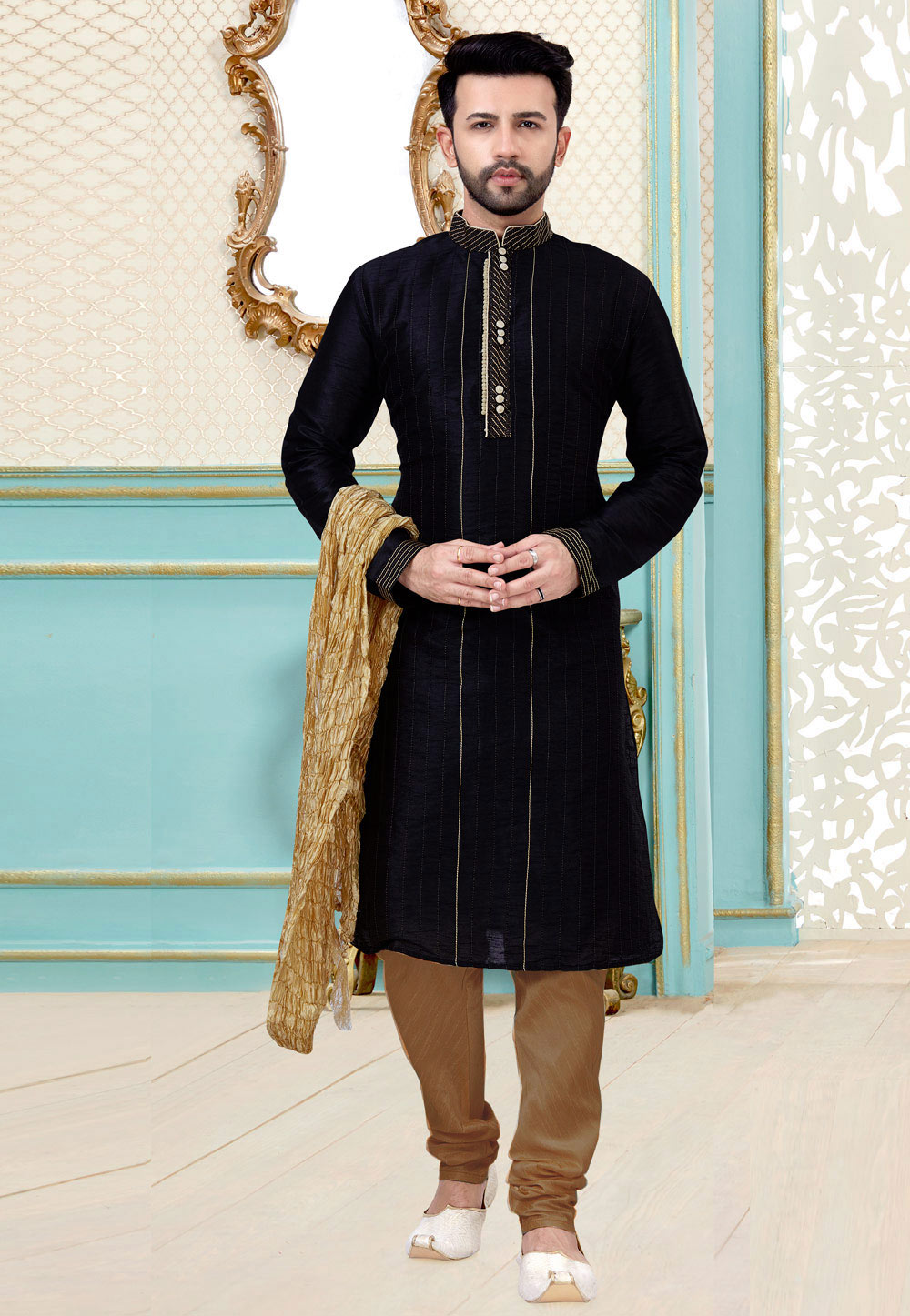 Black Dupion Silk Kurta Pajama 216098