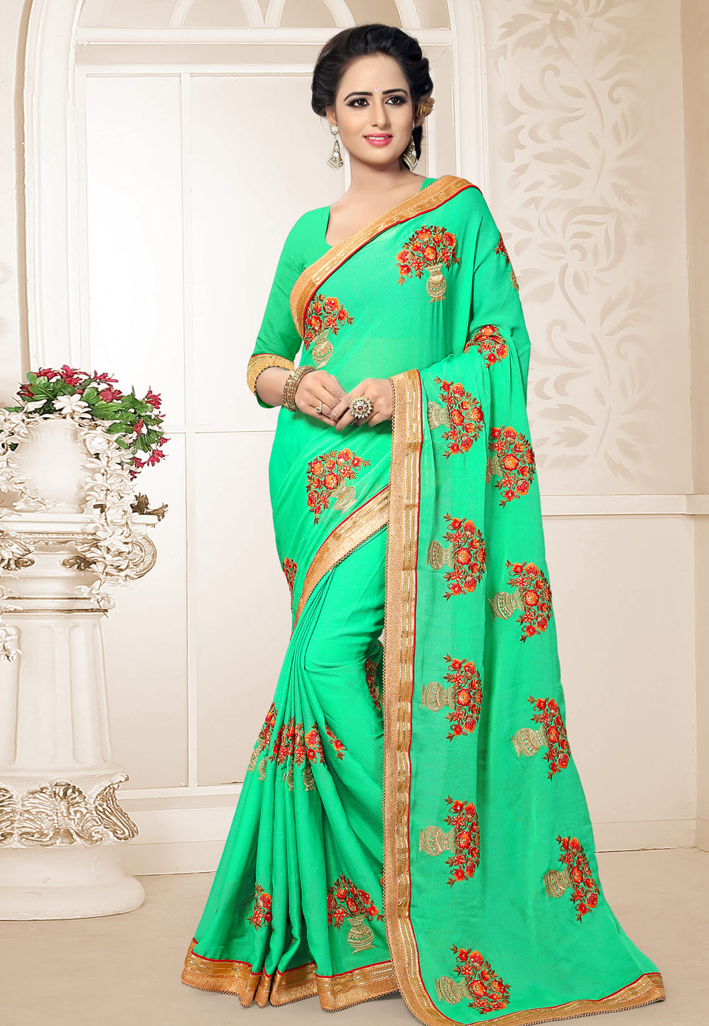 Light Green Chiffon Saree With Blouse 183617