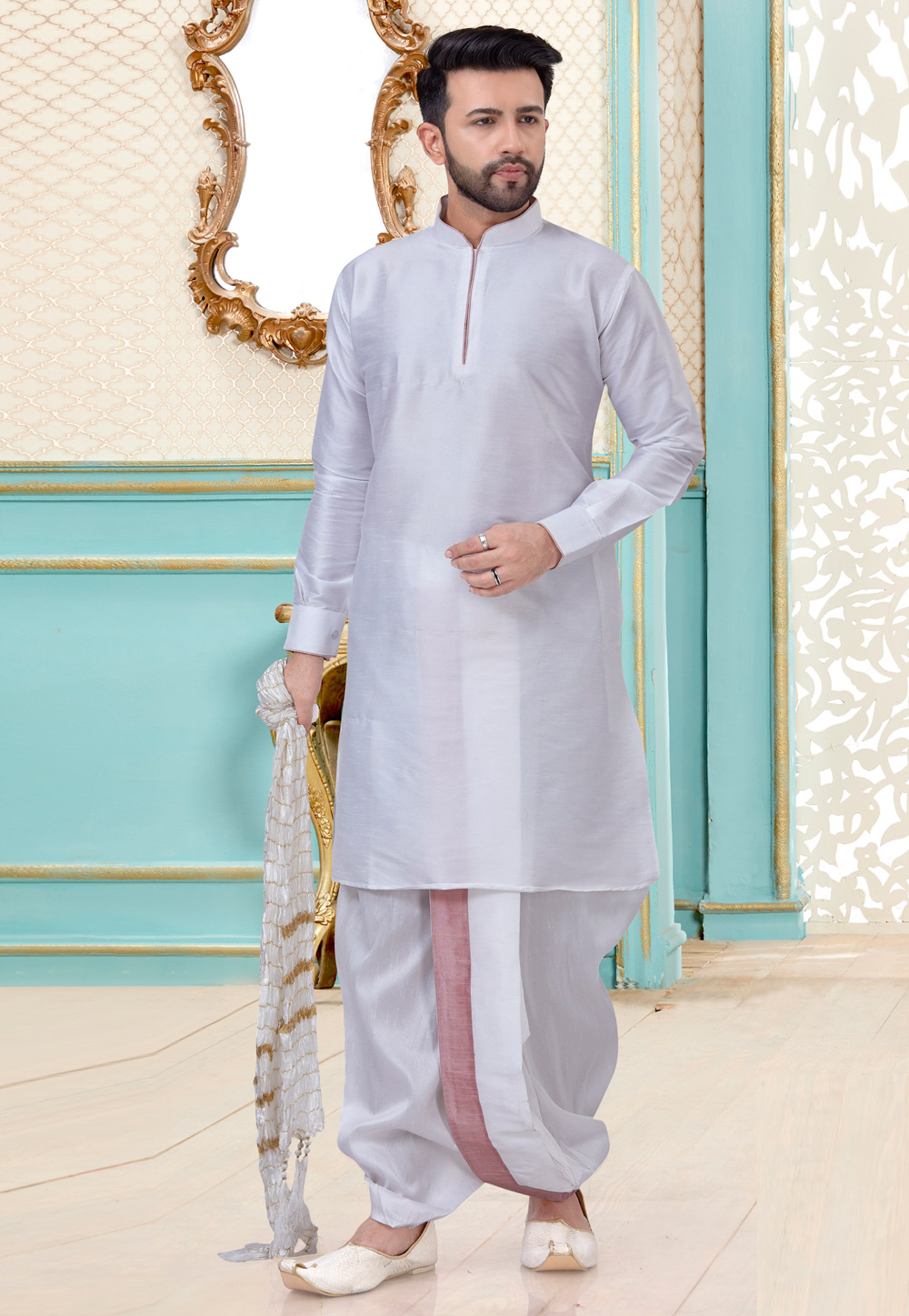 Off White Dupion Silk Dhoti Kurta 216100