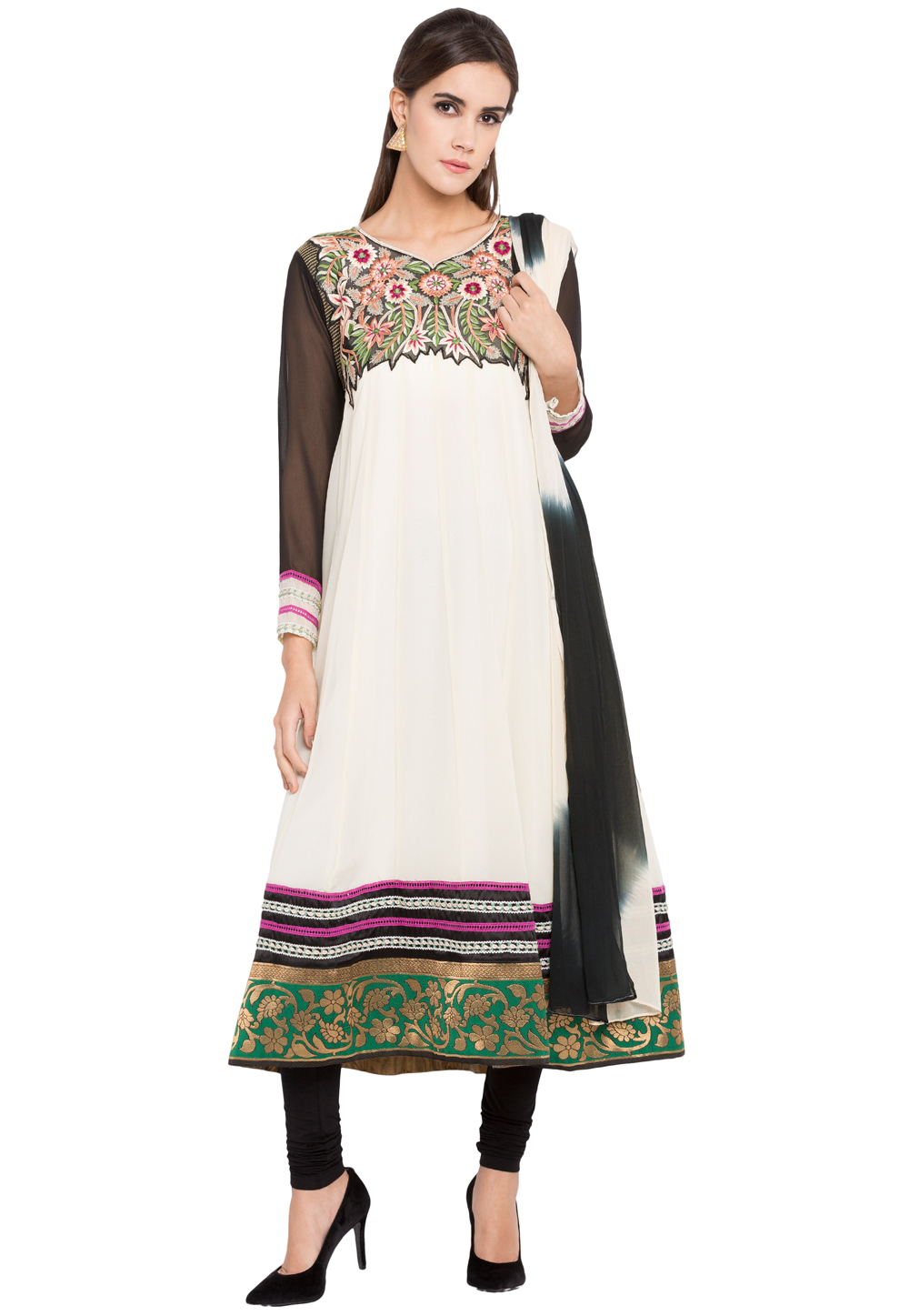 Off White Georgette Readymade Anarkali Suit 238551