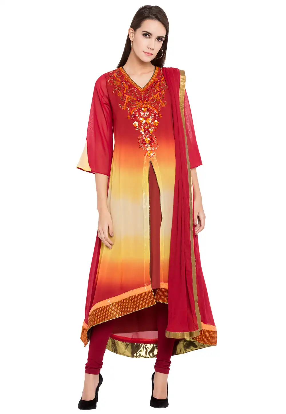 Maroon Georgette Readymade Asymmetrical Suit 238565