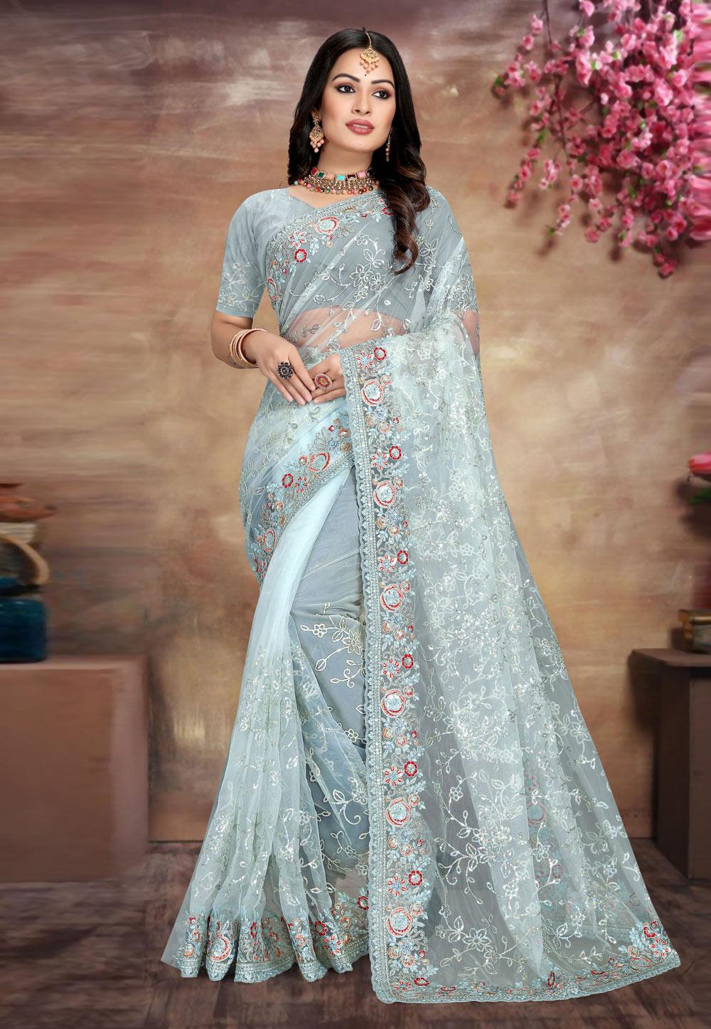 Sky Blue Net Saree With Blouse 261439