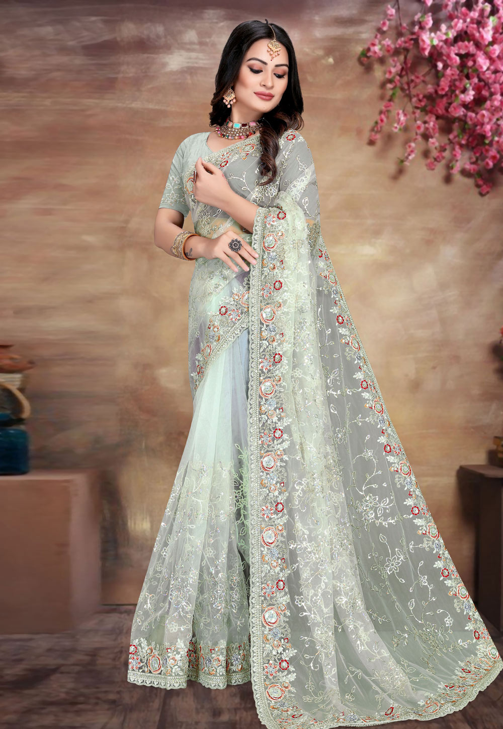 Light Green Net Saree With Blouse 261441