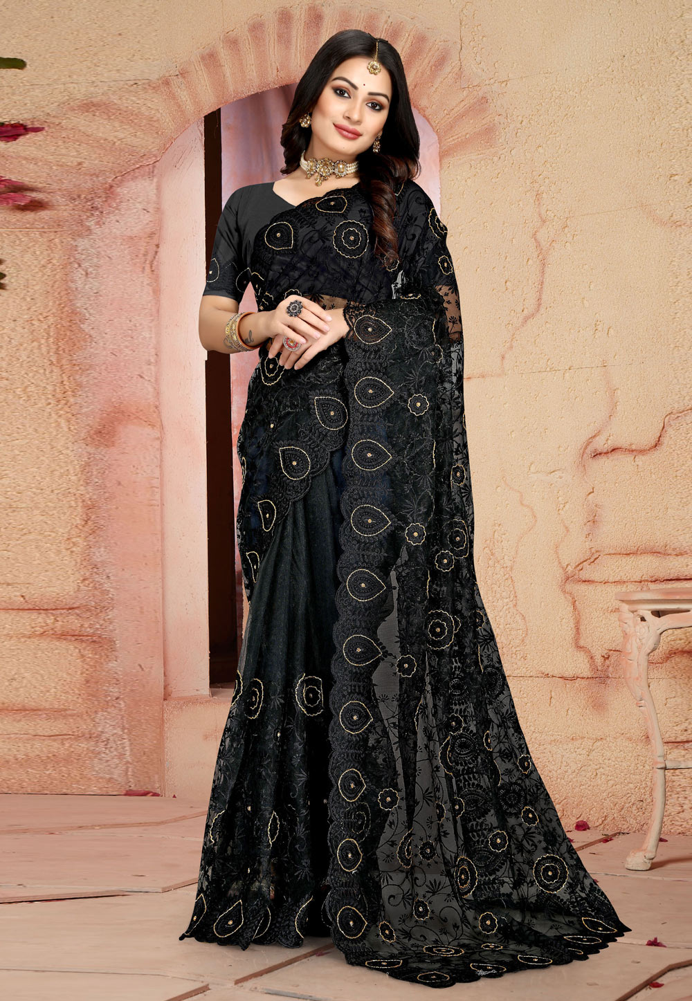 Black Net Saree With Blouse 261423