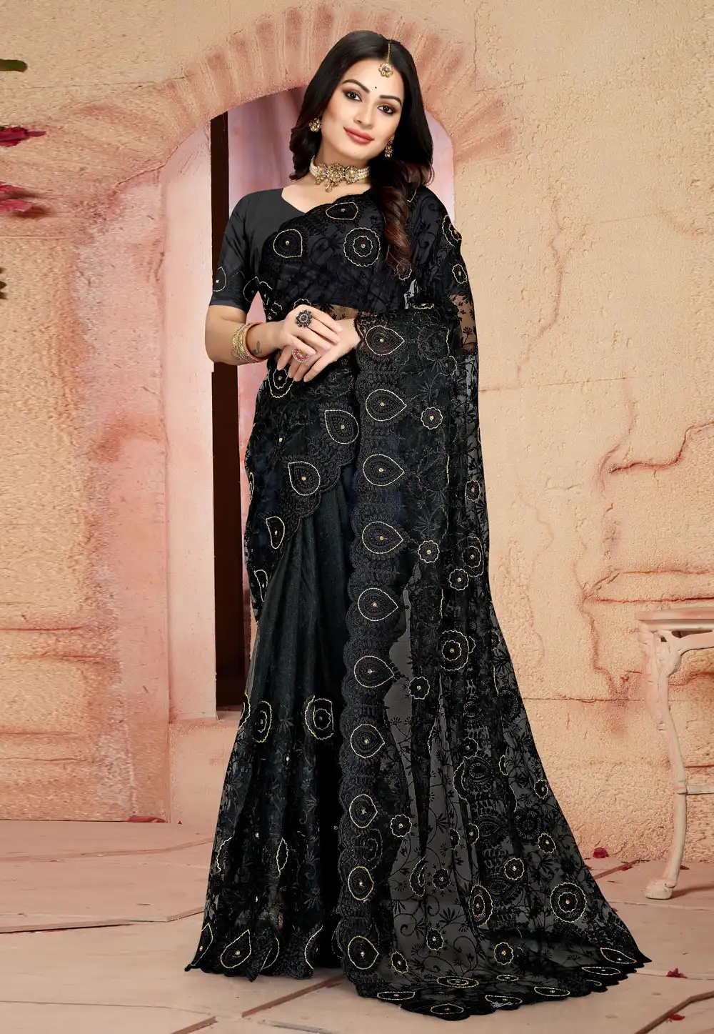 Black Net Saree With Blouse 261423