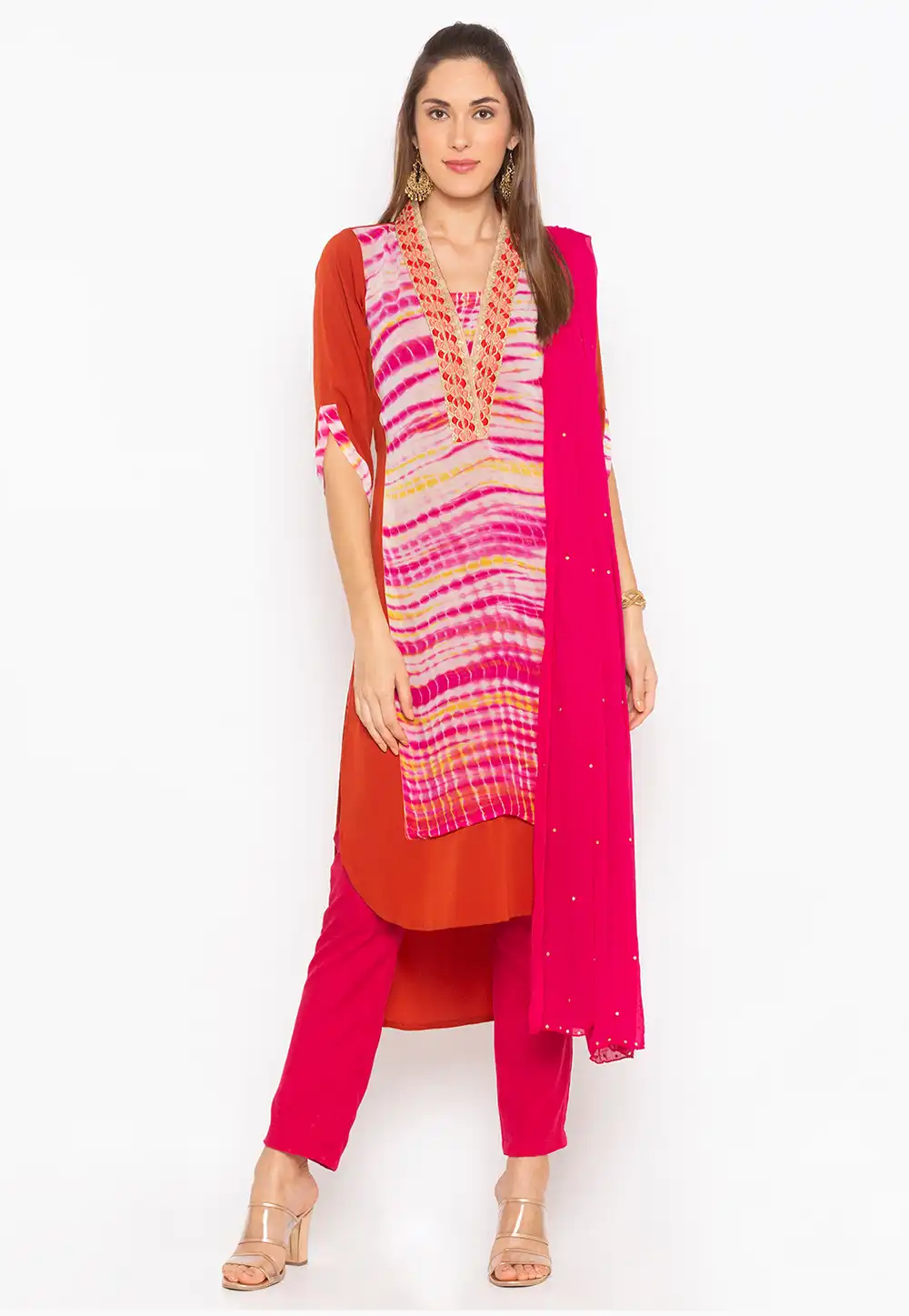 Rust Faux Crepe Readymade Pant Style Suit 223446