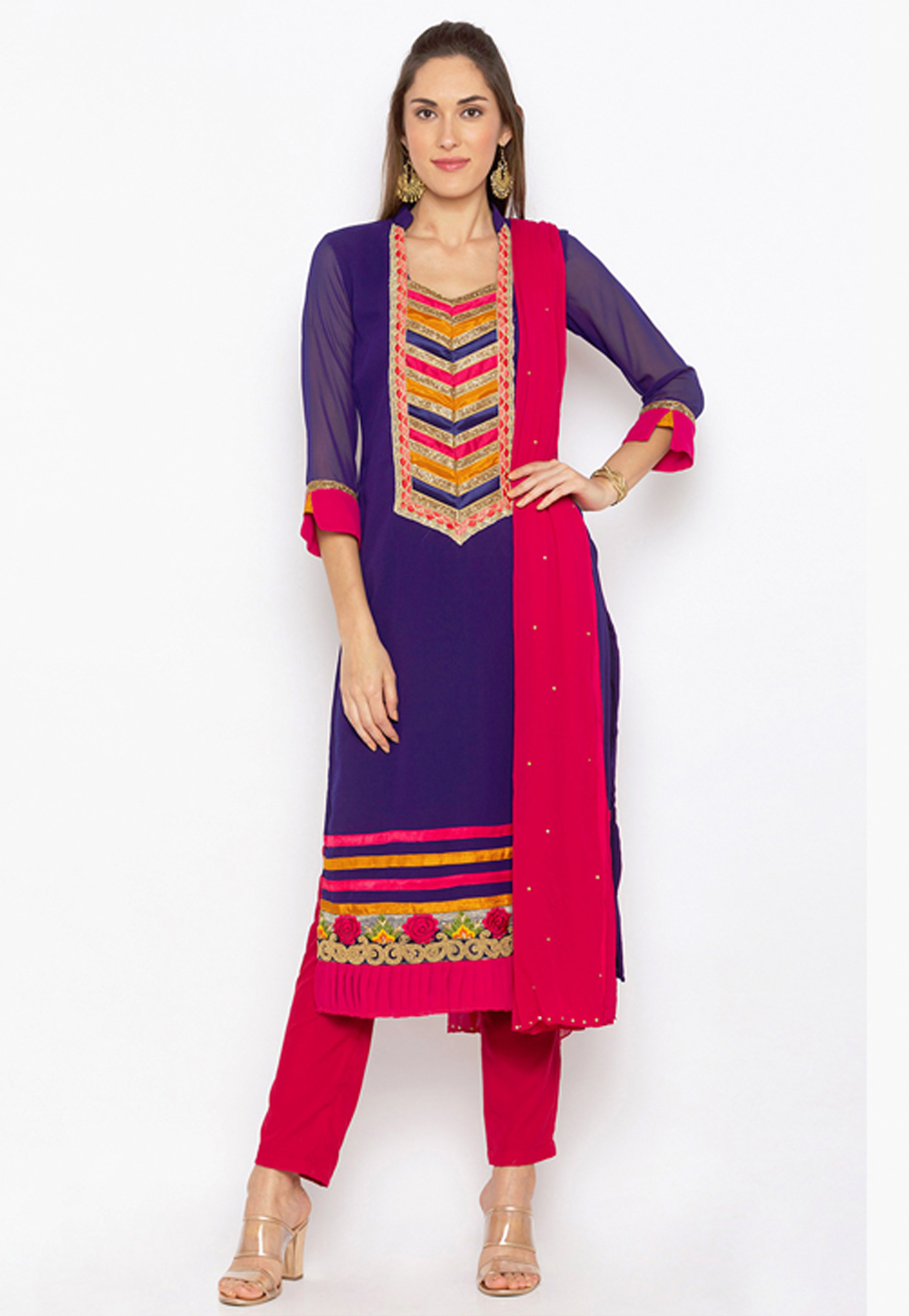 Blue Georgette Readymade Pant Style Suit 223449