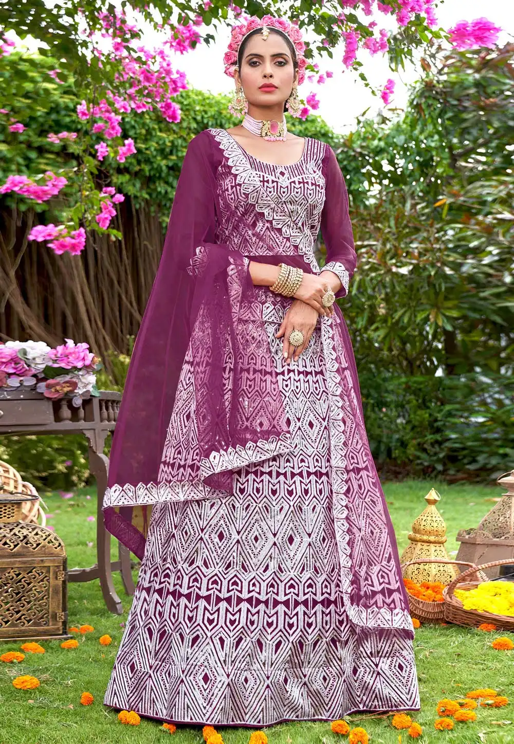 Purple Net A Line Lehenga Choli 269975