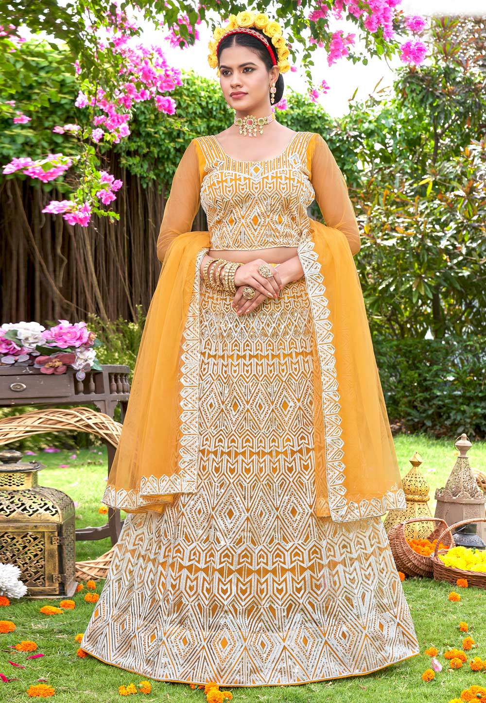 Yellow Net A Line Lehenga Choli 269976