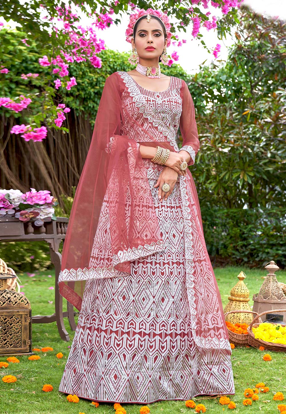 Pink Net A Line Lehenga Choli 269977