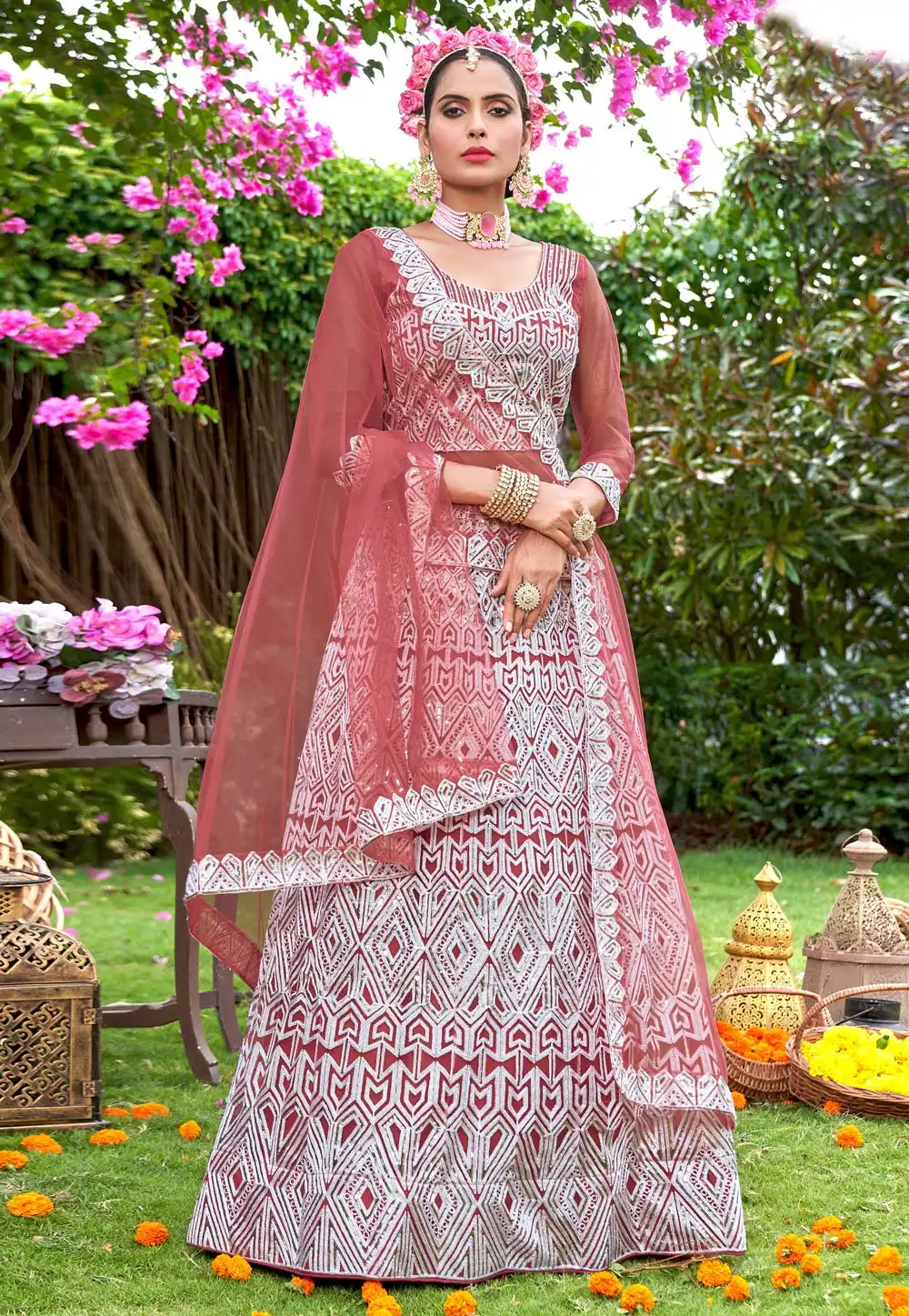 Pink Net A Line Lehenga Choli 269977