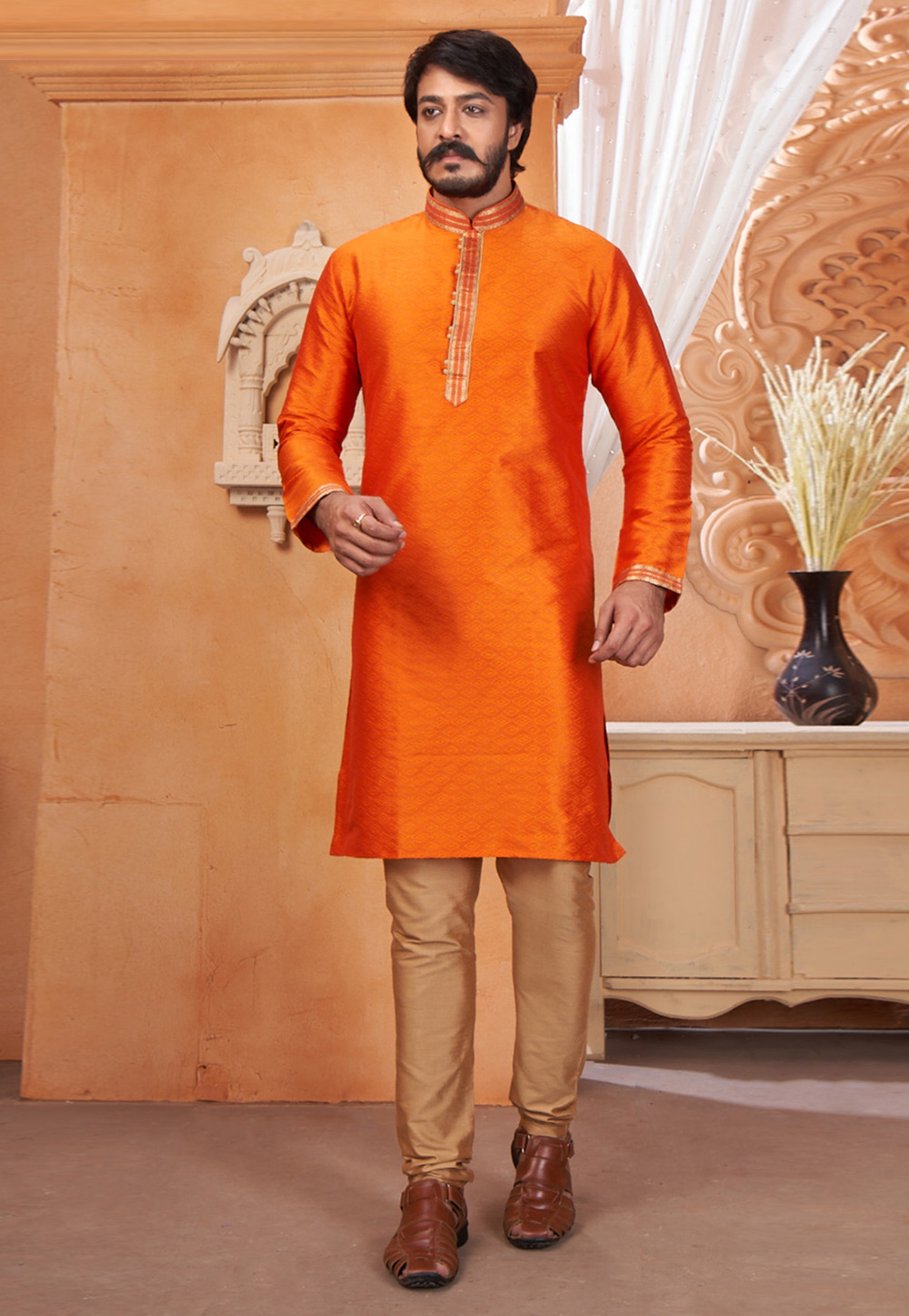 Orange - Jacquard Weave Cotton Patchwork Unstitched Kurta Material (2.5M) 17
