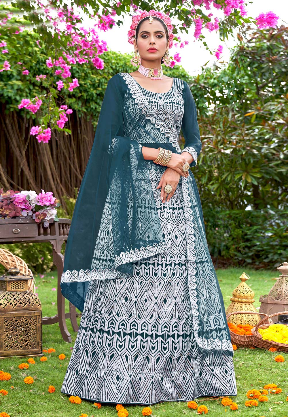 Teal Net A Line Lehenga Choli 269978