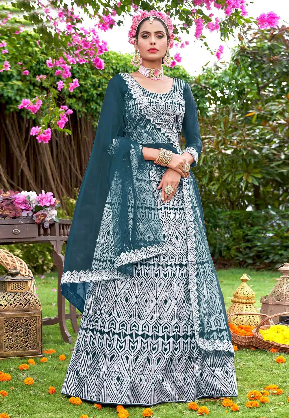 Teal Net A Line Lehenga Choli 269978