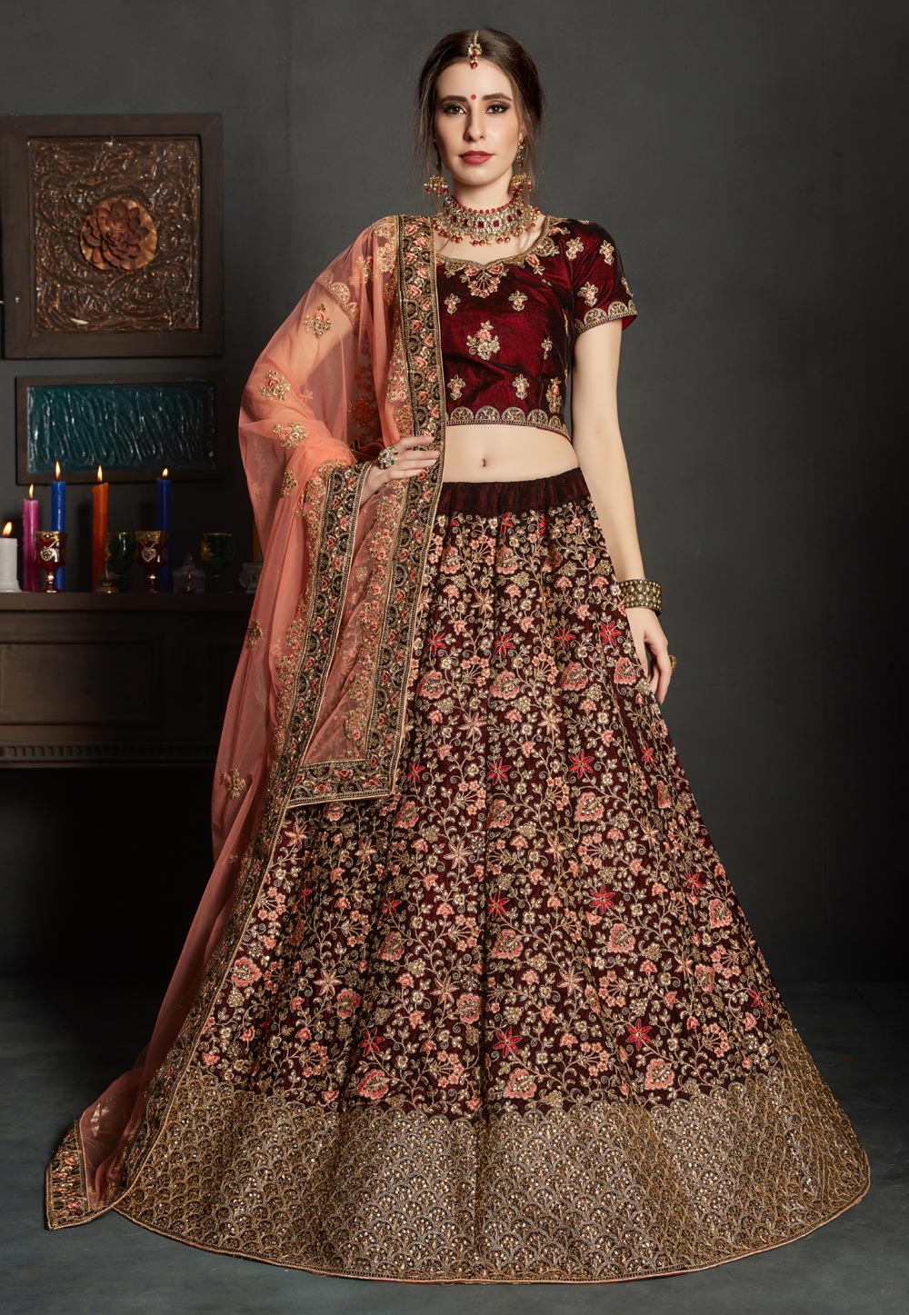 Maroon Velvet Embroidered Lehenga Choli 163187