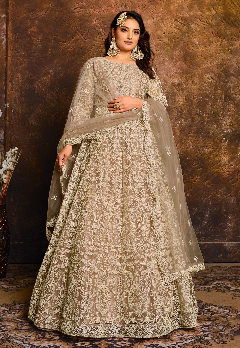 Beige Net Embroidered Abaya Style Anarkali Suit 220414