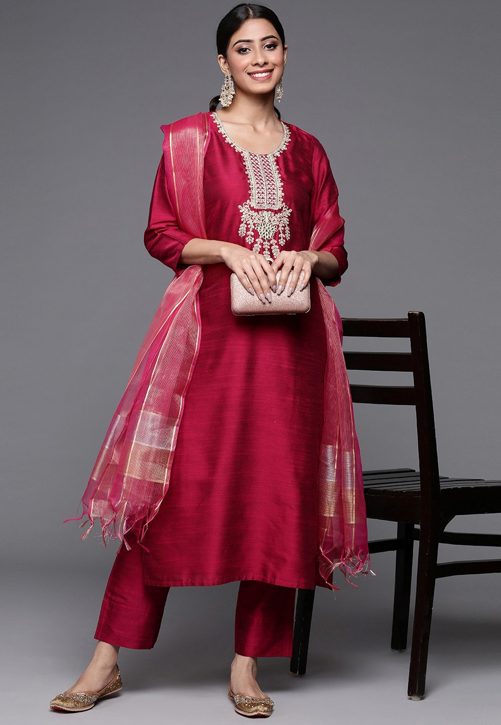 Magenta Silk Readymade Pant Style Suit 254311