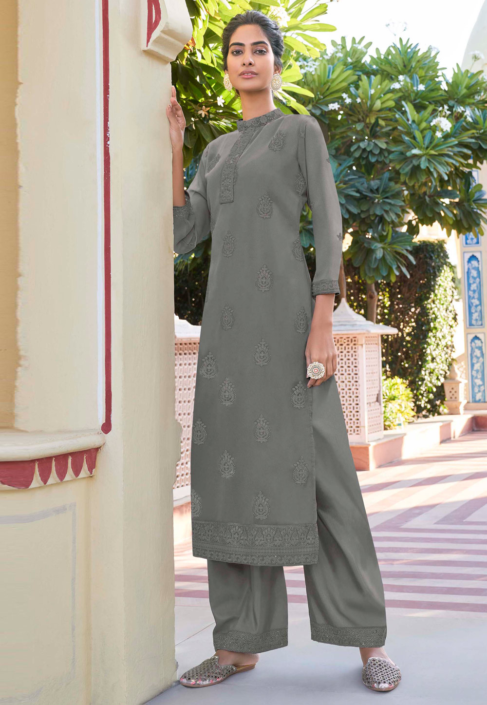 Grey Faux Georgette Kurta Set With Palazzo 248245