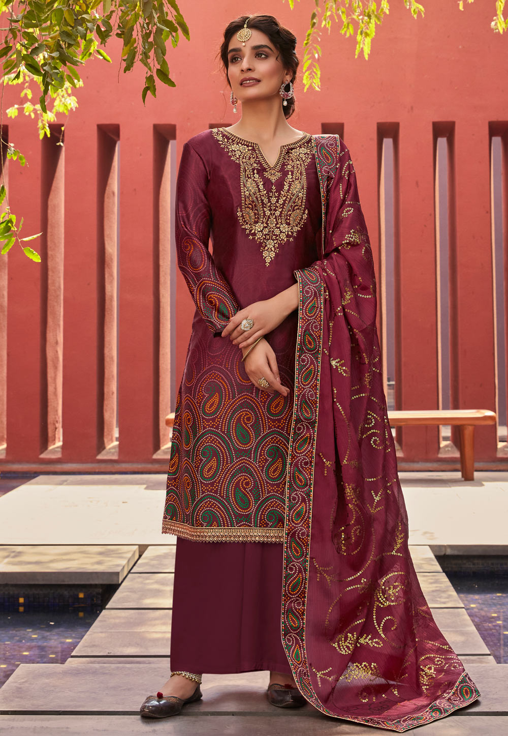 Wine Satin Palazzo Suit 233897