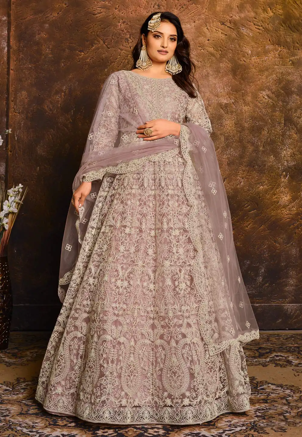 Light Purple Net Embroidered Long Anarkali Suit 220415