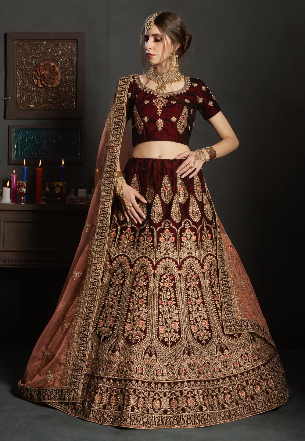 Maroon Velvet Bridal Lehenga Choli 163189
