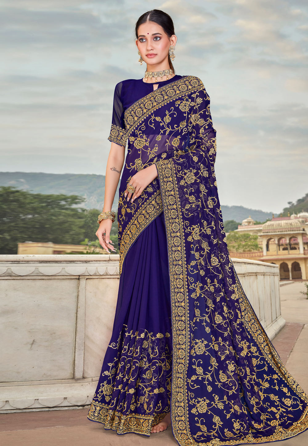 Blue Georgette Saree With Blouse 261509