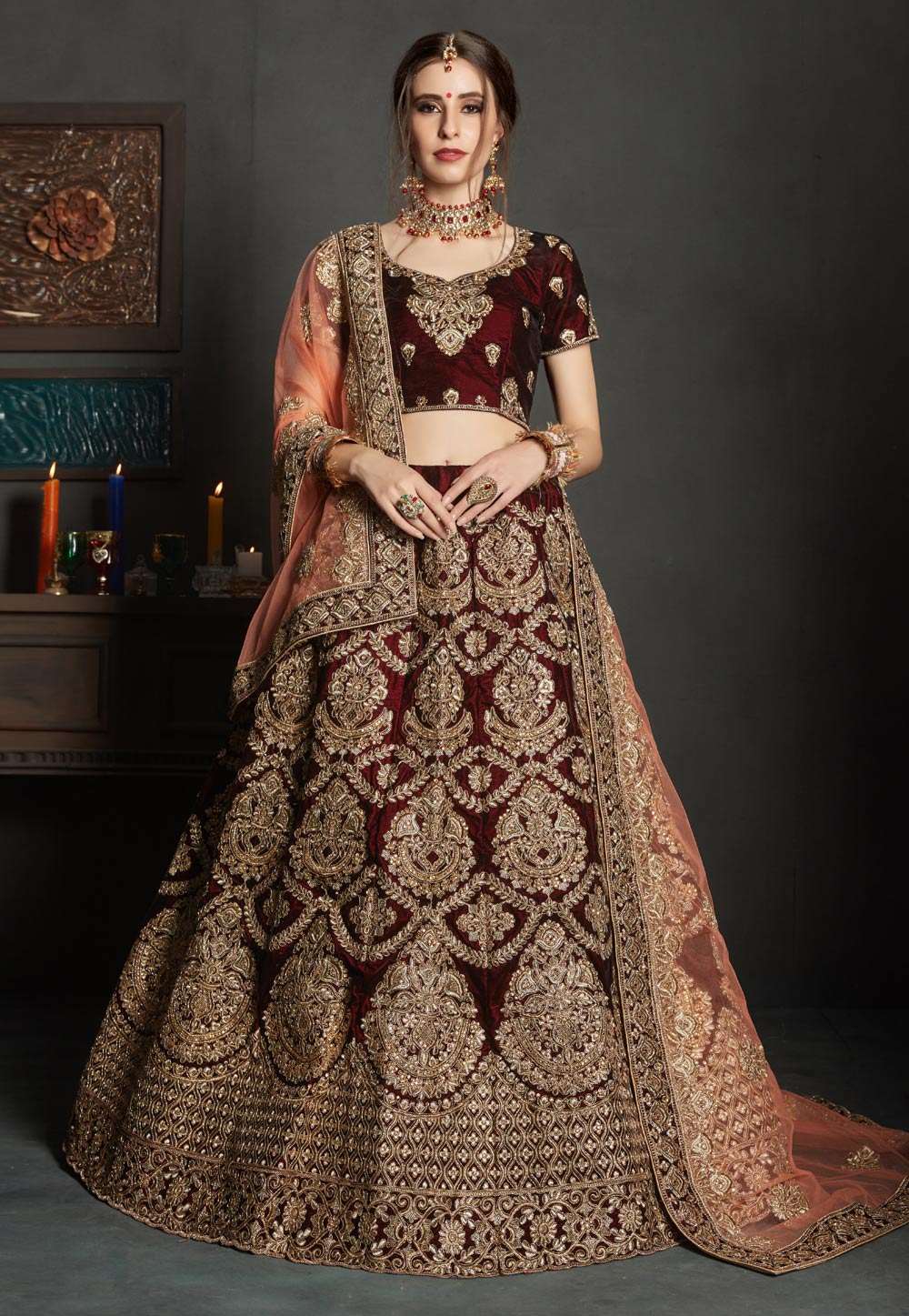 Maroon Velvet Circular Lehenga Choli 163190