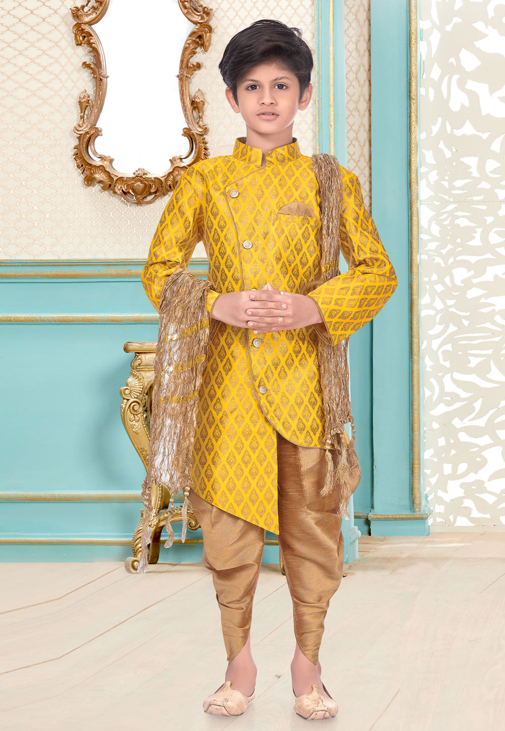 Yellow Banarasi Brocade Kids Indo Western Suit 216331