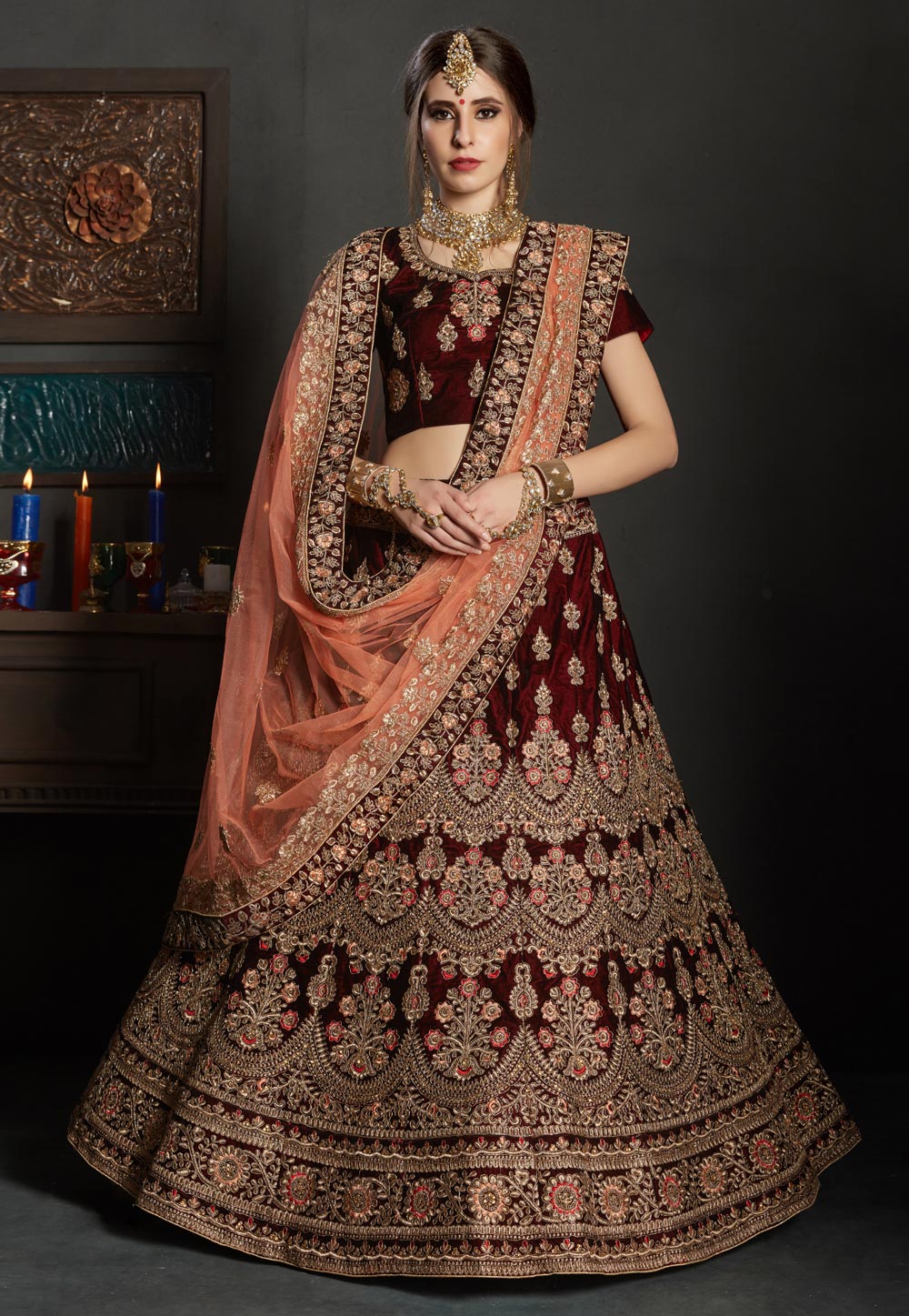 Maroon Velvet Bridal Lehenga Choli 163194