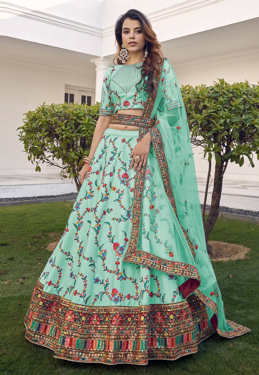Sea Green Silk Circular Lehenga Choli 240957