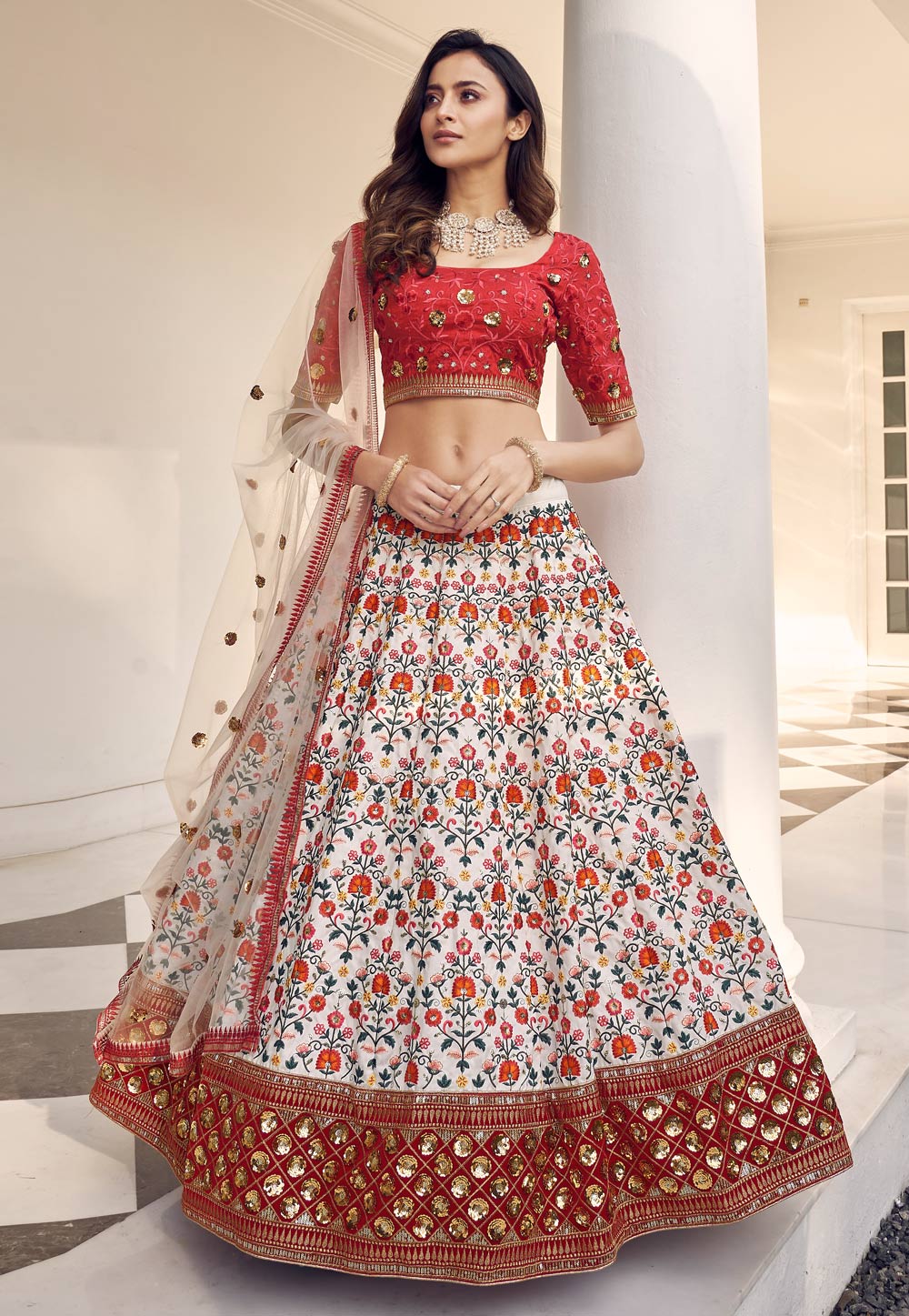 Off White Art Silk Circular Lehenga Choli 240958