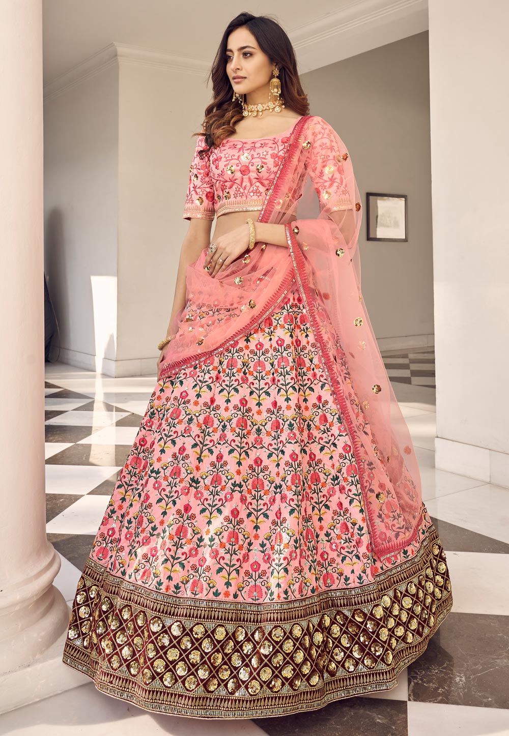Pink Art Silk Circular Lehenga Choli 240960
