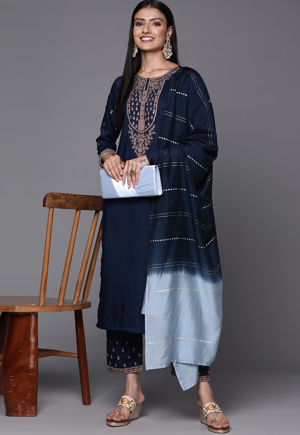 Navy Blue Silk Readymade Pant Style Suit 255898