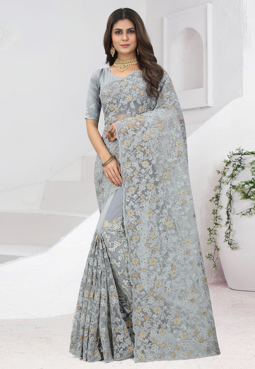 Grey Net Saree With Blouse 261980