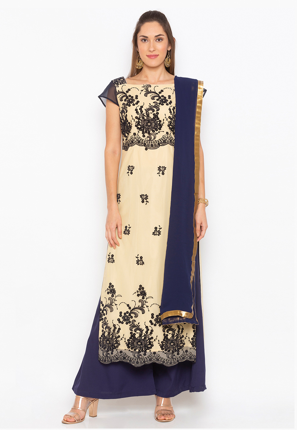 Cream Net Readymade Palazzo Suit 223459