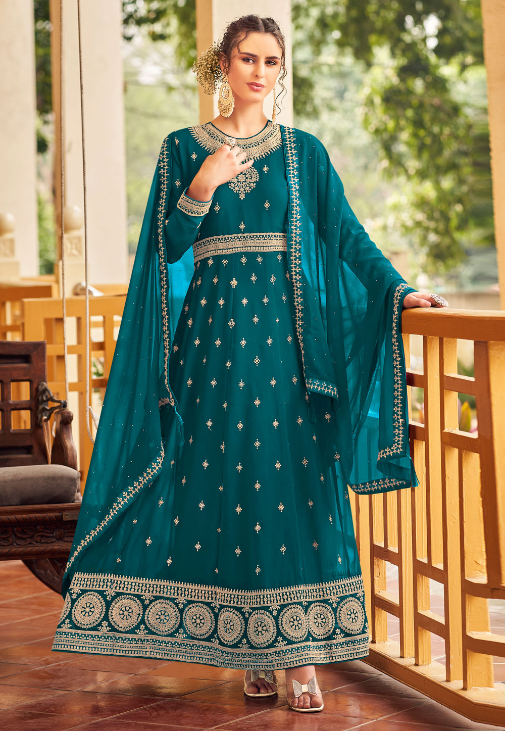 Teal Faux Georgette Abaya Style Anarkali Suit 261478