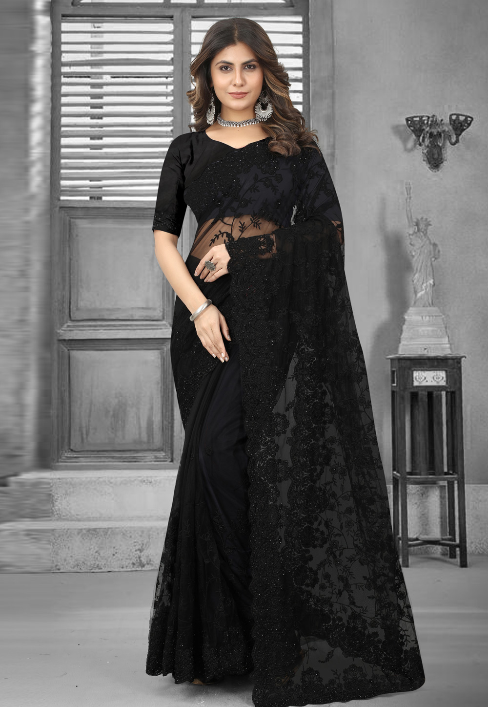 Black Net Saree With Blouse 265617