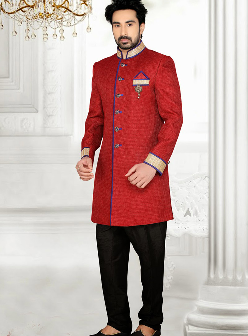 Red Jute Silk Indo Western Sherwani 47853
