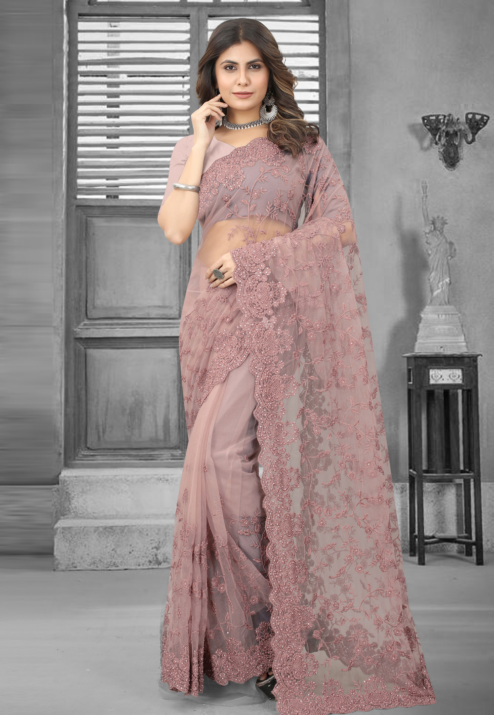 Pink Net Saree With Blouse 265618
