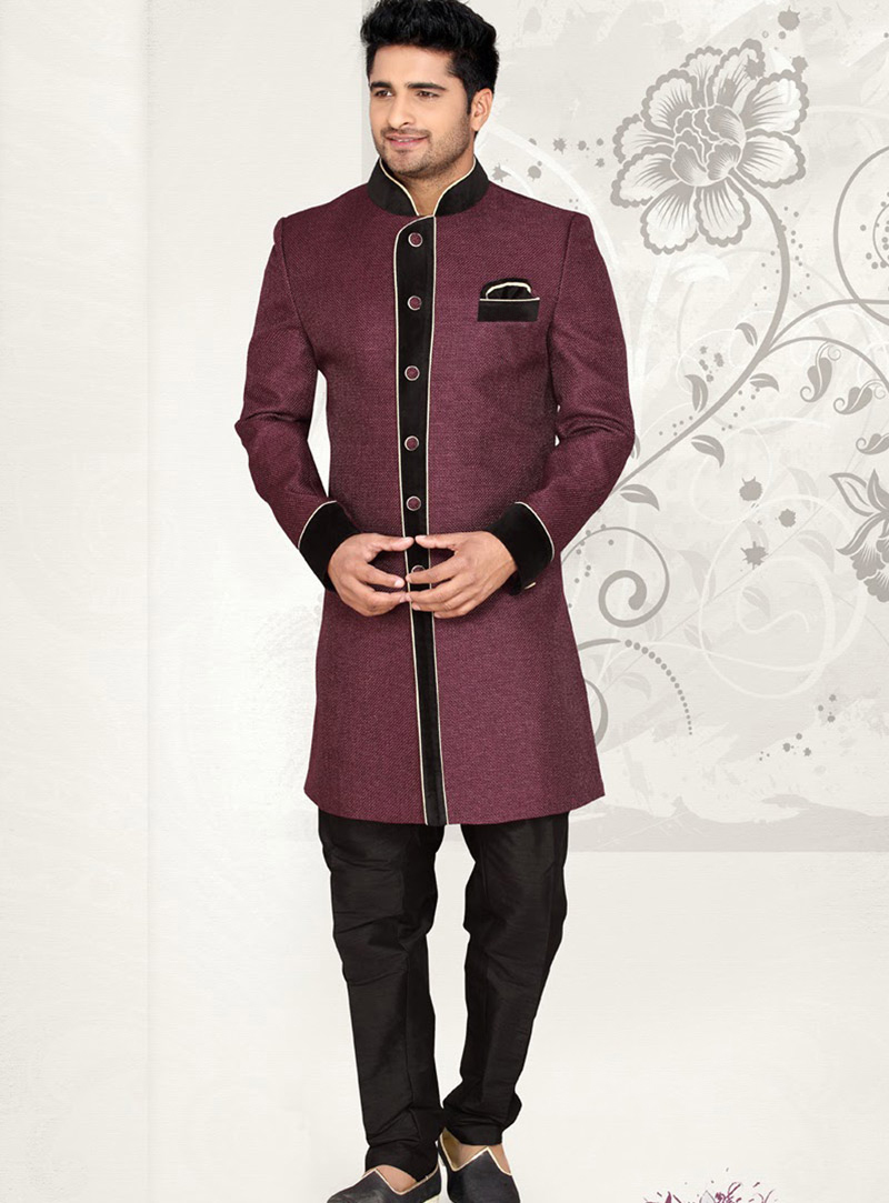 Dark Purple Jute Silk Indo Western Sherwani 47855