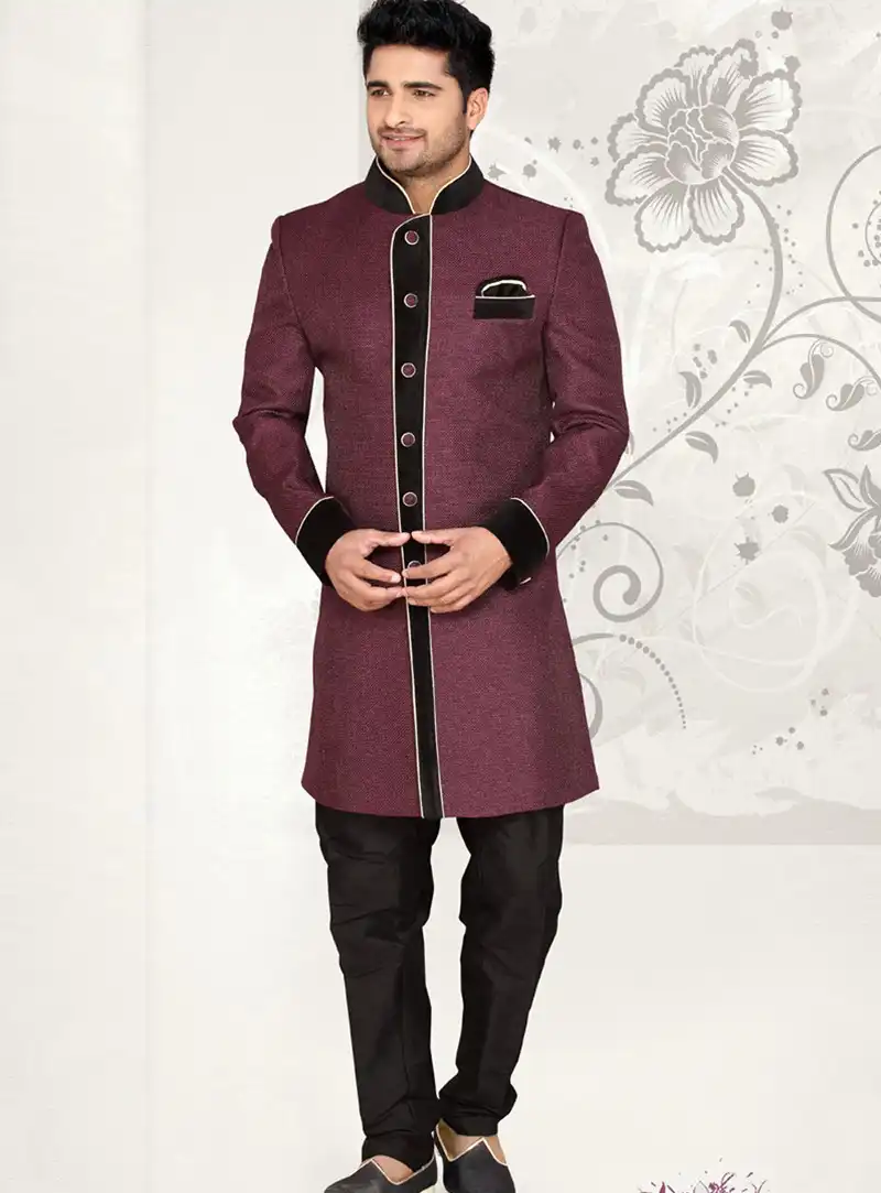 Dark Purple Jute Silk Indo Western Sherwani 47855