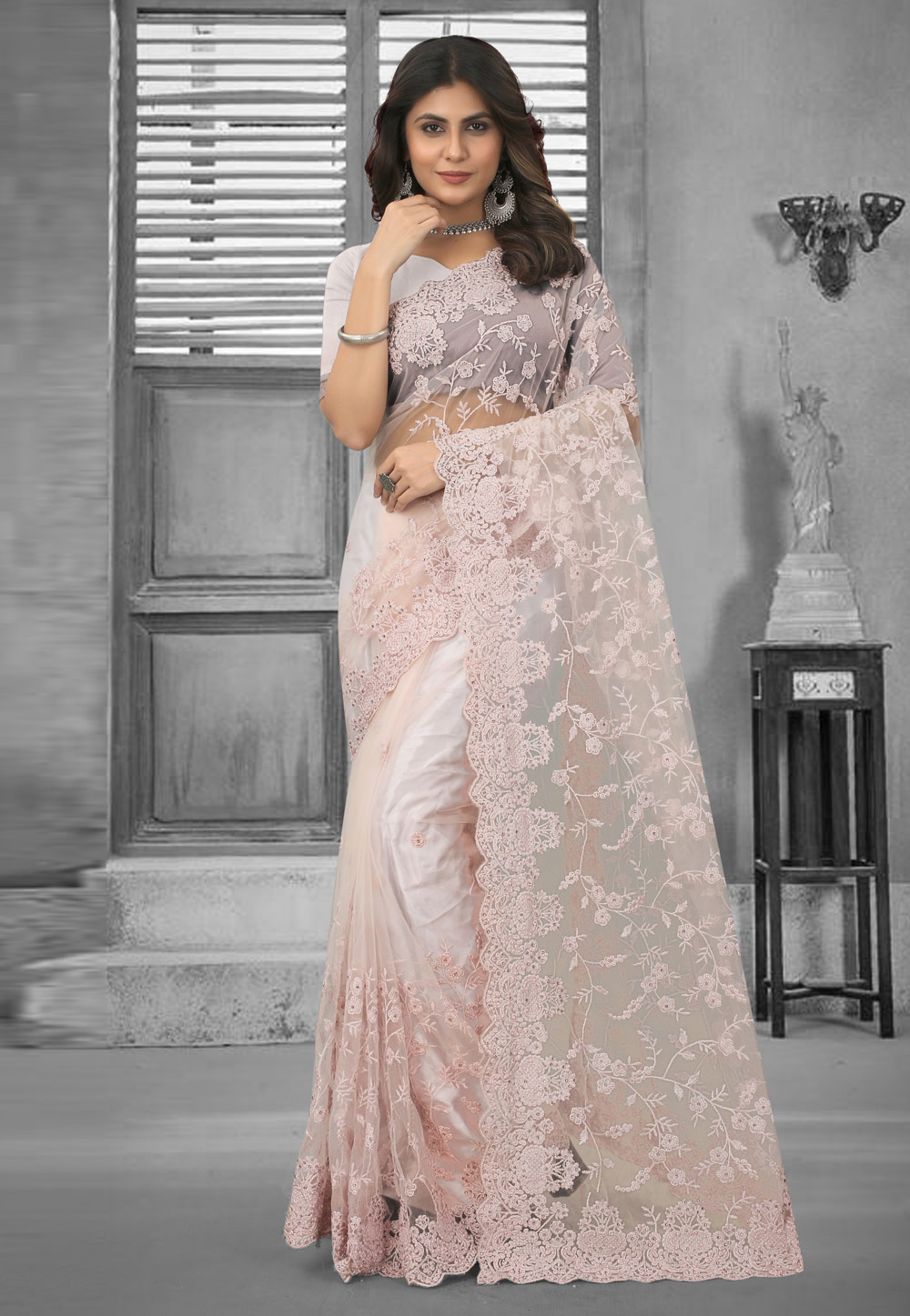 Peach Net Saree With Blouse 265620