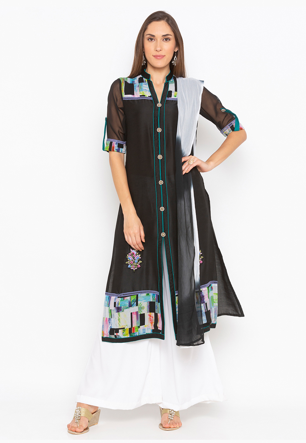 Black Crepe Readymade Kameez With Palazzo 235542